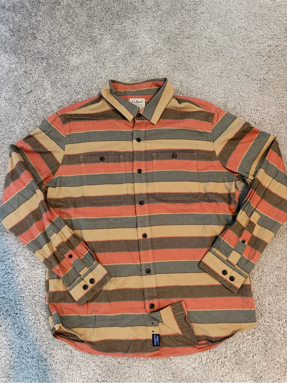 L.L. Bean Men’s Striped Button-Down Shirt in Tan, Olive & Rust